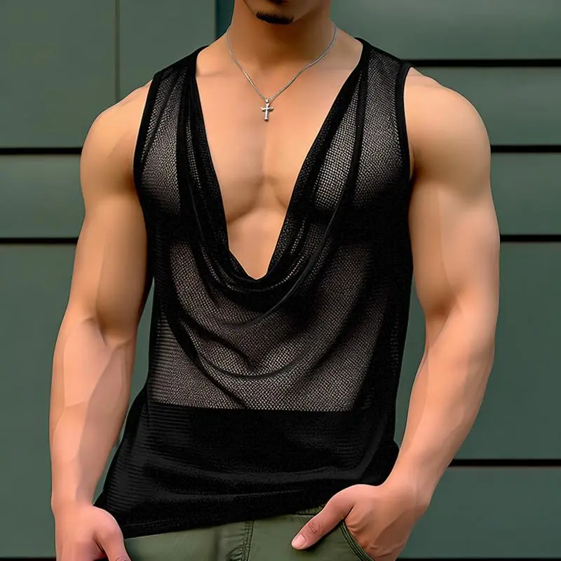 INCERUN Men's Athletic Tank Top, See-Through Mesh Muscle Singlet with Deep Scoop Neck for Gym, Raves, and Festivals, Athletic Tank Tops