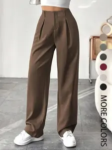 Women's Solid Color Plicated Pocket Wide Leg Pants, Elegant Aesthetic Flattering Zipper Fly High Waist Trousers for Work Office Business, Comfort Womenswear Bottom Wideleg Basic Dark Brown Minimalist vacation outfits women baggy sweatpants camo pants