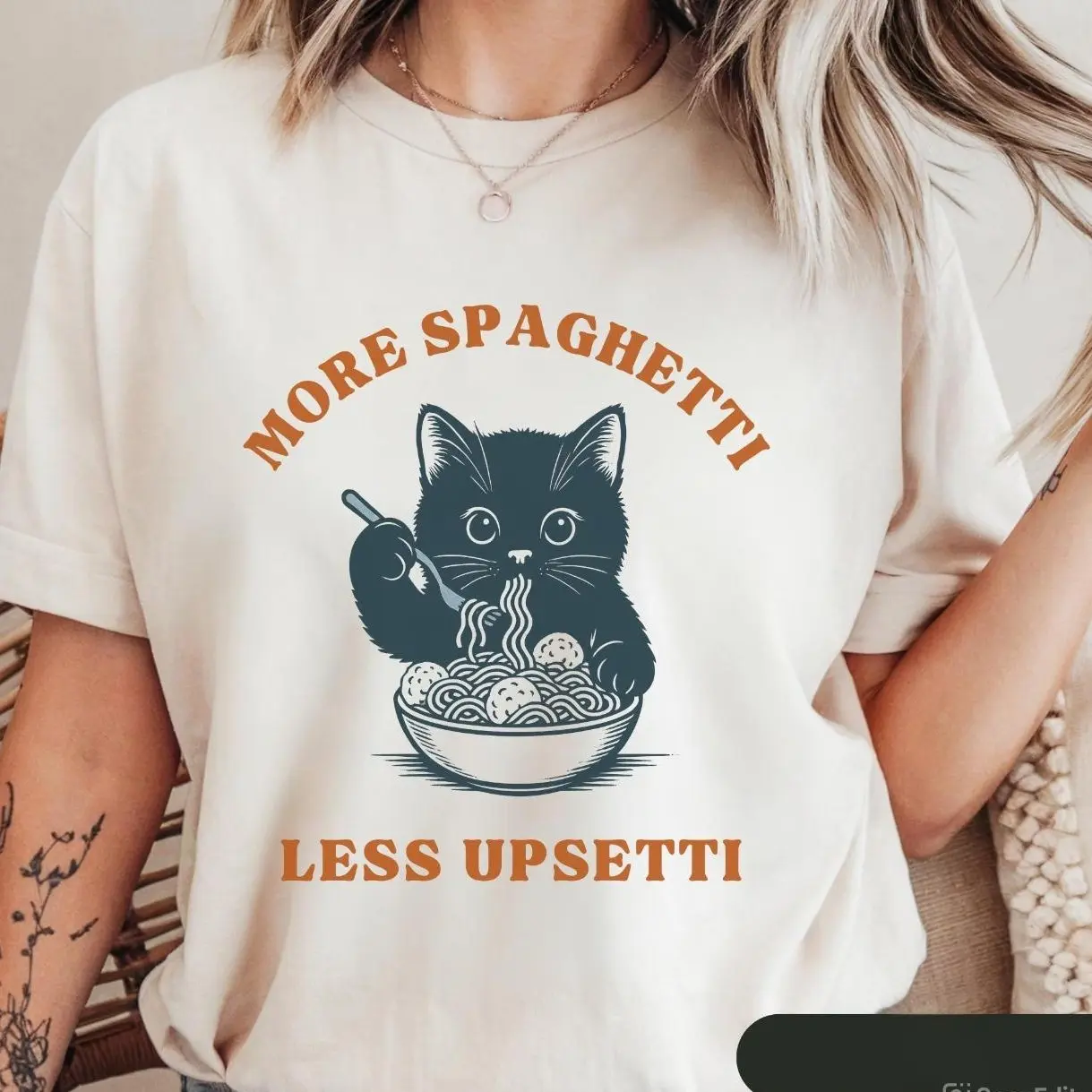 More Spaghetti Less Upsetti Cat Comfort Colors T-Shirt, Funny Pasta Lover Graphic Tee, Cute Kitten Eating Spaghetti Shirt, Unisex Food Humor Gift for Cat Lovers