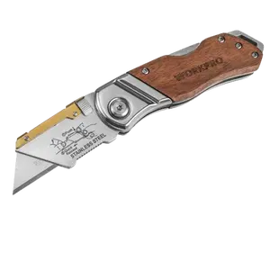 #JumpstartSale WORKPRO Folding Utility Knife with Belt Clip and Extra 10-piece Blades, Wood Handle Heavy Duty Cutter, Quick-change & Back Lock