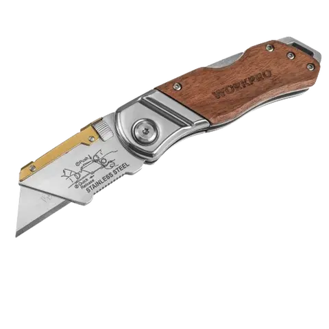 #toolupgrade WORKPRO Folding Utility Knife with Belt Clip and Extra 10-piece Blades, Wood Handle Heavy Duty Cutter, Quick-change & Back Lock