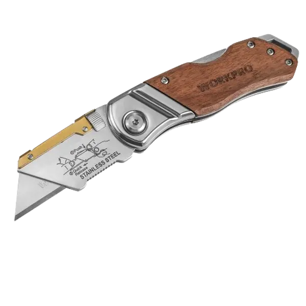 #toolupgrade WORKPRO Folding Utility Knife with Belt Clip and Extra 10-piece Blades, Wood Handle Heavy Duty Cutter, Quick-change & Back Lock