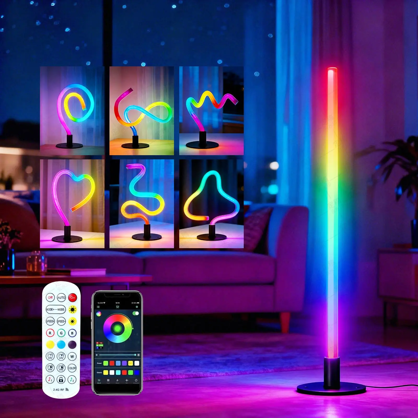 ISUNMEA RGB LED Corner Floor Lamp - Ambiance & Adjustable Color Floor Lamps & Torchieres, Transformable with App/Remote Control, 16M Customizable Lighting, Music Sync, Timer Setup for Gaming Rooms, Living Rooms
