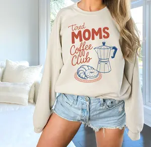 Tired Moms Coffee Club Sweatshirt - Unisex Crewneck Pullover for Busy Moms with Cute Coffee & Pastry Design