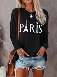 Women's Eiffel Tower & Letter Print Drop Shoulder Sweatshirt, Casual Fitted Pullover Long Sleeve Round Neck for Daily Wear, Ladies Clothes for All Seasons