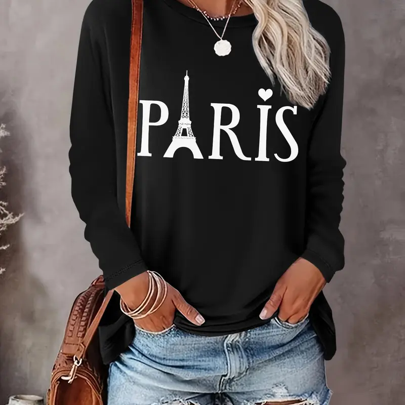 Women's Eiffel Tower & Letter Print Drop Shoulder Graphic Sweatshirt, Casual Long Sleeve Round Neck Pullover for Daily Wear, Ladies Clothes for All Seasons, Womenswear