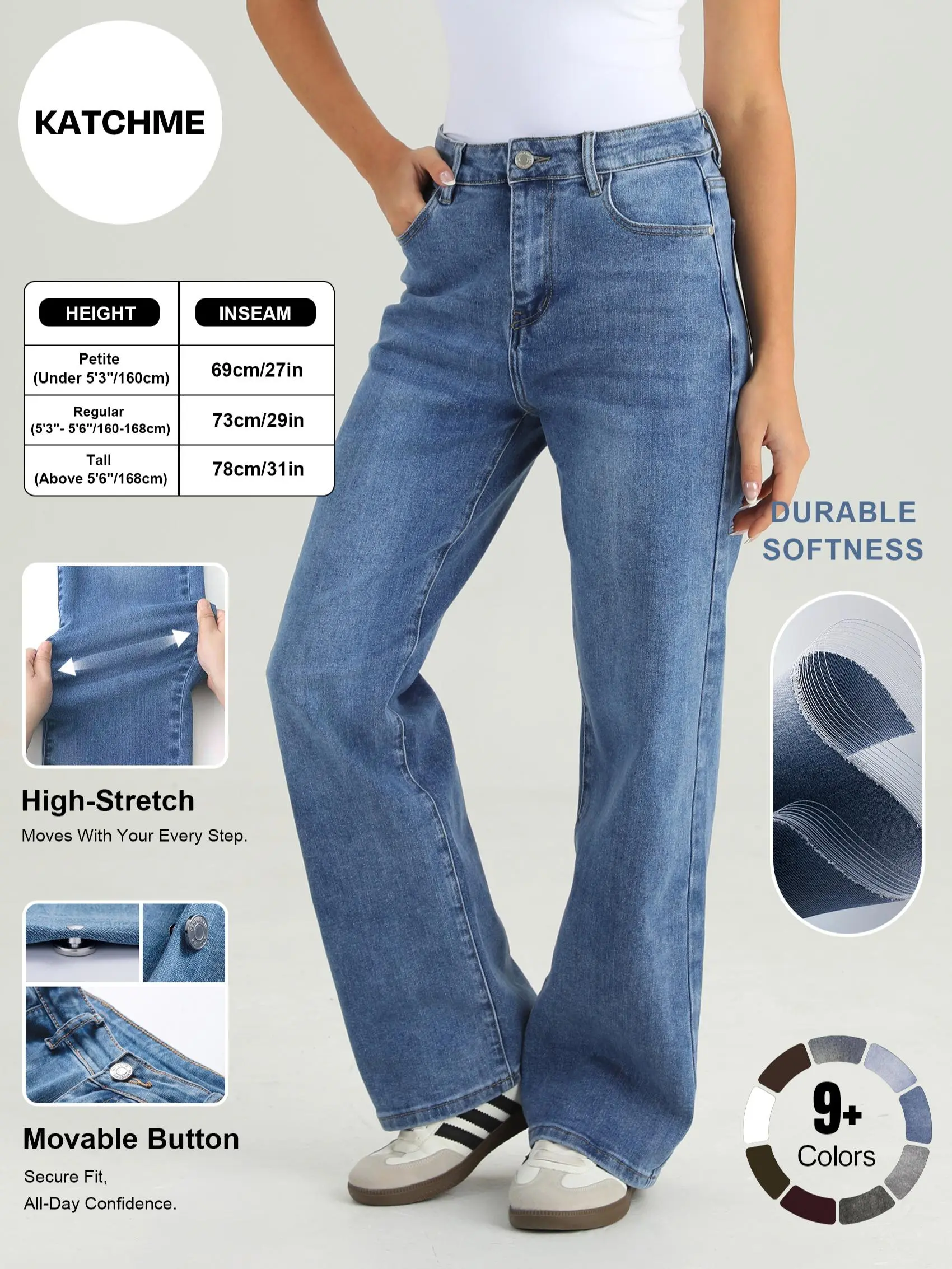KATCH ME Women's Versatile High Waist Stretchy Denim Wide Leg Jeans, Flexible Multi-Pocket Trousers, Soft Wrinkle-Resistant Pants, Non-Shrinking Durable Streetwear, Figure Flattering Daily Outfits #TikTokMadeMeBuyIt #DenimJeans #WideLegPants
