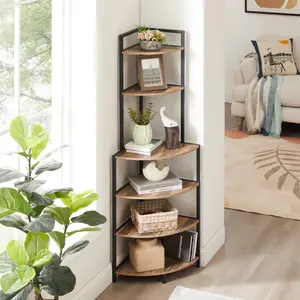 Corner Shelf Stand,6 Tier Fan-Shaped Display Shelves,Tall Corner Bookcase with Metal Frame for Living Room Home Office,Organiser Racks(Rustic Brown)