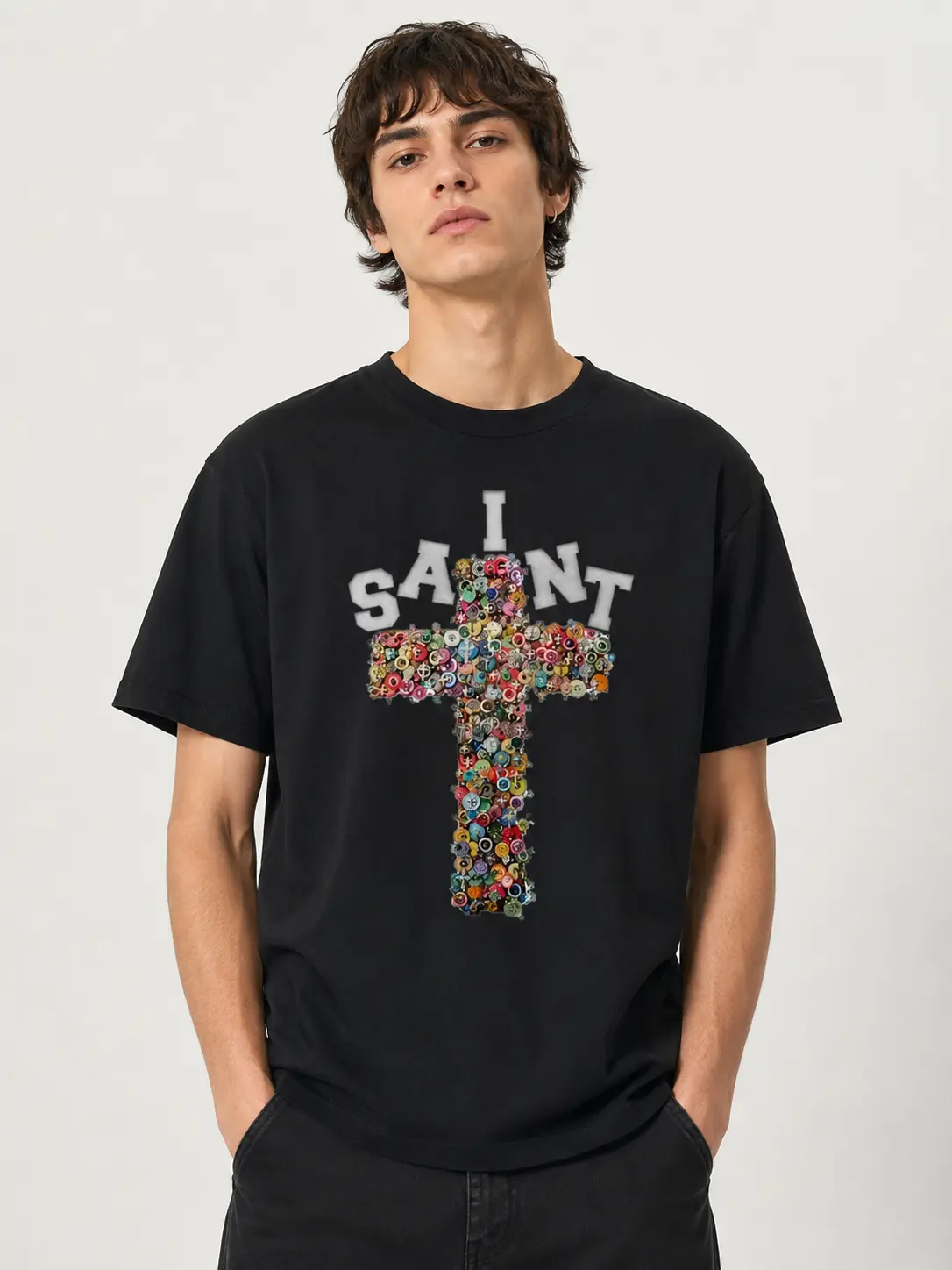 Men's Short-Sleeve Round Neck Cotton Black T-Shirt - Saint Button Cross Print Collage Letter, Oversized Unisex Harajuku Streetwear, Faith Art Graphic Casual Top for Pairing with Jeans