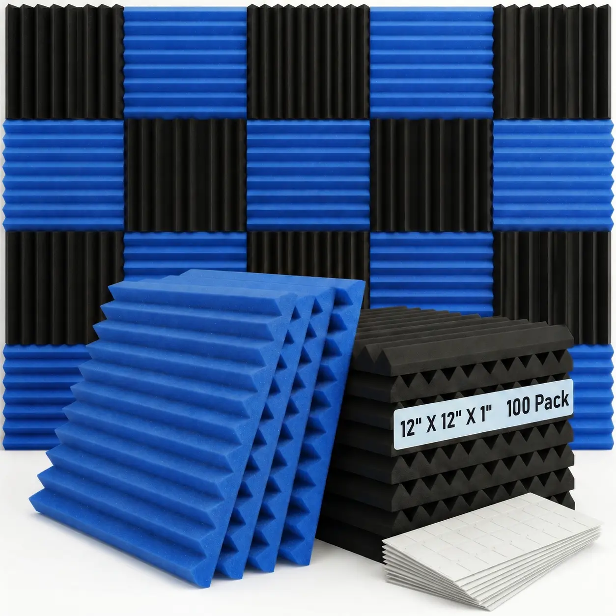 100 piece acoustic foam panel, 1*12*12 inch acoustic foam panel for walls, high-density studio acoustic wedge - noise absorption for studios, offices, homes(BLACK AND BLUE))