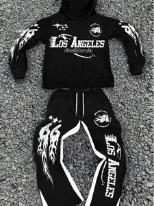 Men's Casual Fitted Hooded Long Sleeve Sweatshirt Set, Colorblock Long Pants Two-Piece, Los Angeles Graphic Print, Aesthetic Street Style, Fall & Winter Clothes