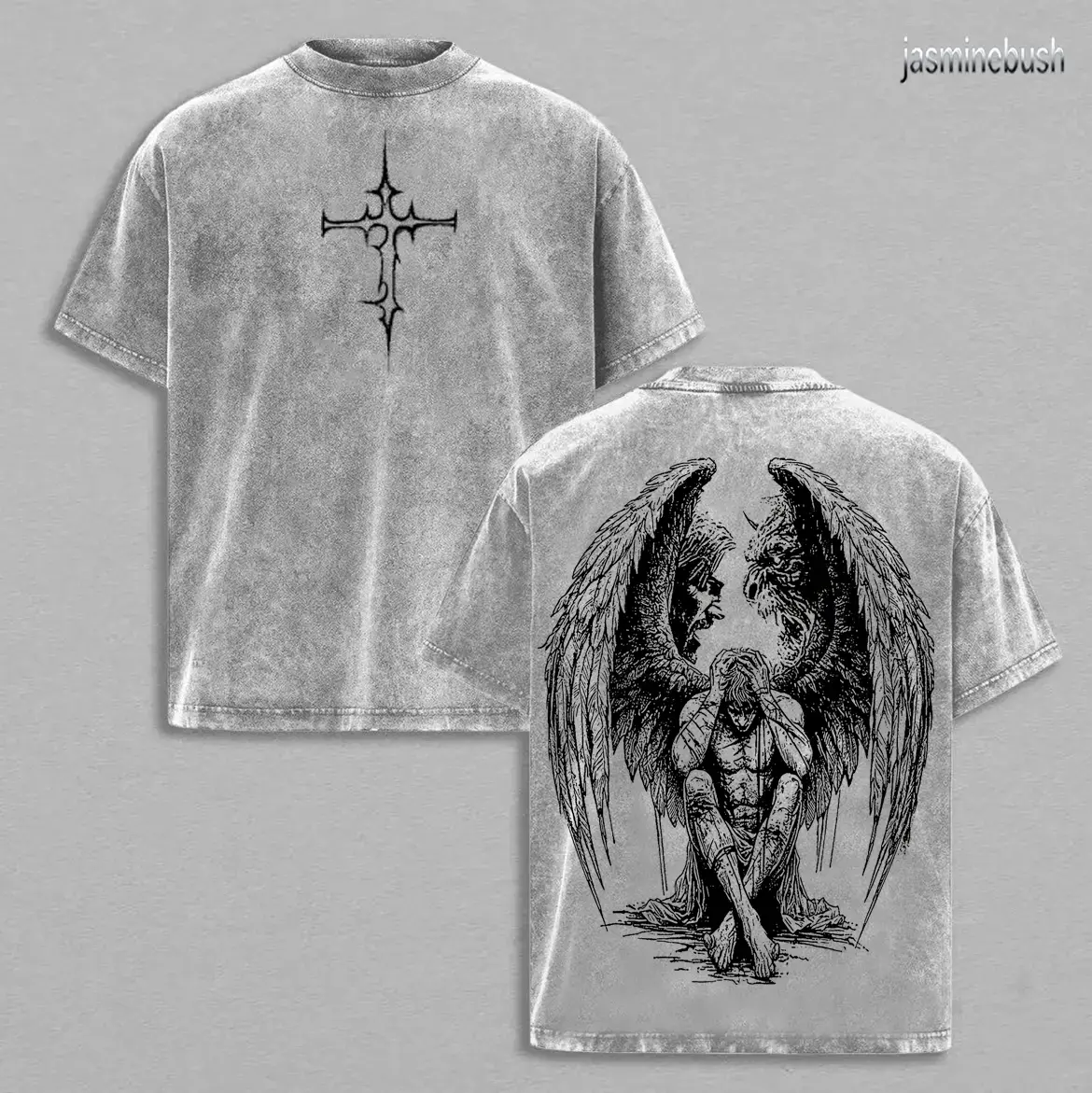 Men's Tormented Fallen Dark Angel Vintage Washed Oversized Crew Round Neck Graphic Top, 100% Heavyweight Cotton T-Shirt with Lossless Color All-Over Print, Gothic Despair Angel Heaven-Hell Streetwear, Dark-Academia Draped Alternative Sleeves Cargo Apparel