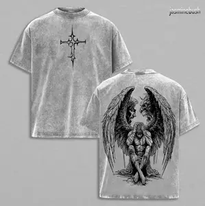 Tormented Fallen Dark Angel Vintage Washed Oversized Graphic Tee | Gothic Angel of Despair Heavyweight Cotton T-Shirt | Heaven and Hell Streetwear Art Jesus Apparel Christ the Savior Shirt