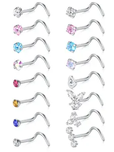 Rhinestone Decorated Nose Studs, 16pcs Heart & Butterfly & Star Design Nose Studs, Body Jewelry, Nose Piercing Jewelry for Women & Men, Nose Rings