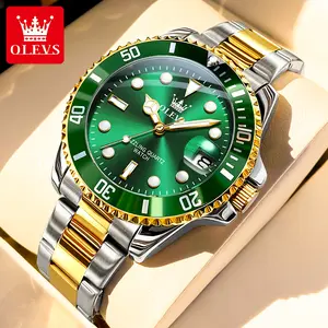 OLEVS Luxury Men's Green Dial Gold Bezel Stainless Steel Quartz Watch with Date & Luminous Features Waterproof Business Dress Watch