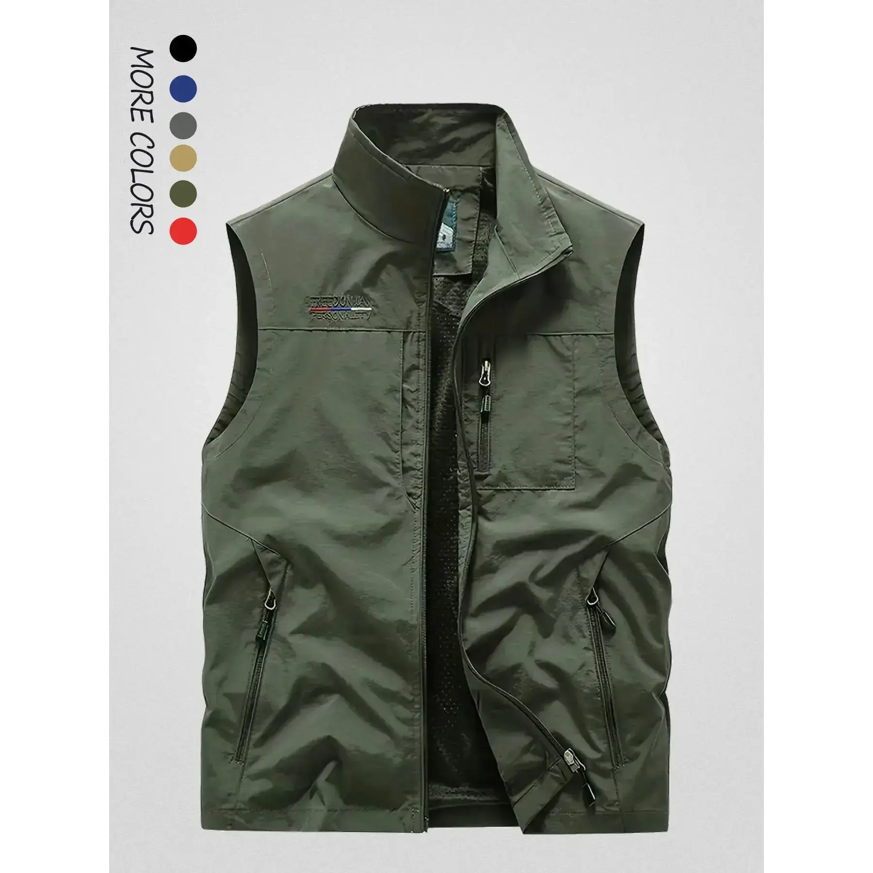New Men's Letter Embroidery Pocket Zipper Vest - Regular Fit Casual Funnel Neck Sleeveless Menswear Outerwear for Fall, Winter Outdoor Activities, Tops, Vest Jacket, 1906 Black