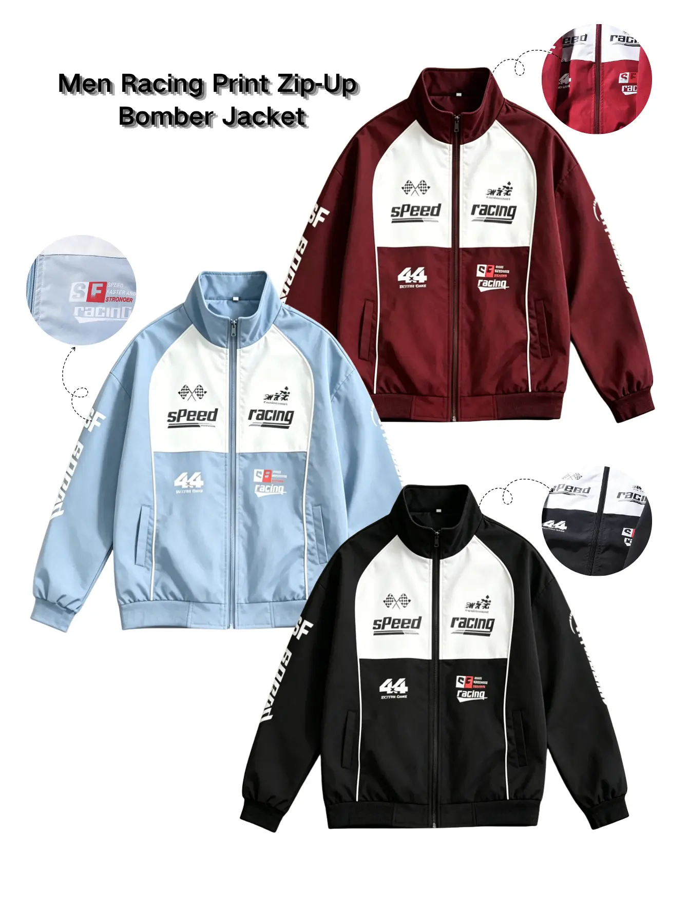 Men's American retro racing jacket, color-block design, stand collar, motorcycle-inspired baseball jacket