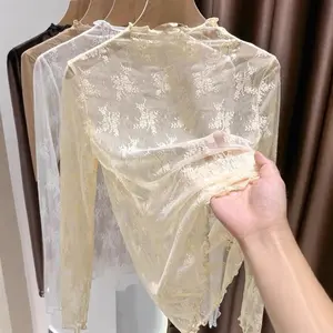 4Color Lace Base Layer Shirt Women's Spring Autumn New Style Elegance Inner Fashionable Mesh Sleeve Long Sleeve Top Polyester Fabric