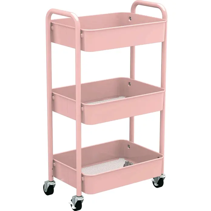 3-Tier Rolling Utility Cart with Caster Wheels,Easy Assembly, for Kitchen, Bathroom (Pink) wheeled storage rack organize