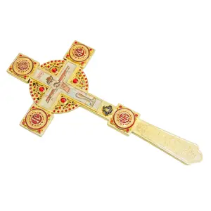 Orthodox Crucifix Blessing Cross, Byzantine Style Gold Plated Zinc Alloy Hand Cross with Red Enamel and Religious Icons, Orthodox Church Supplies for Home Altar Decor, Easter Christian Gift for Orthodox Believers