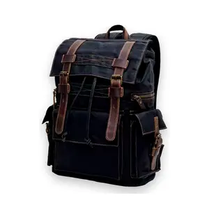 Roam & Root black wax canvas backpack, retro multi-pocket shoulder bag, suitable for work, school, and travel