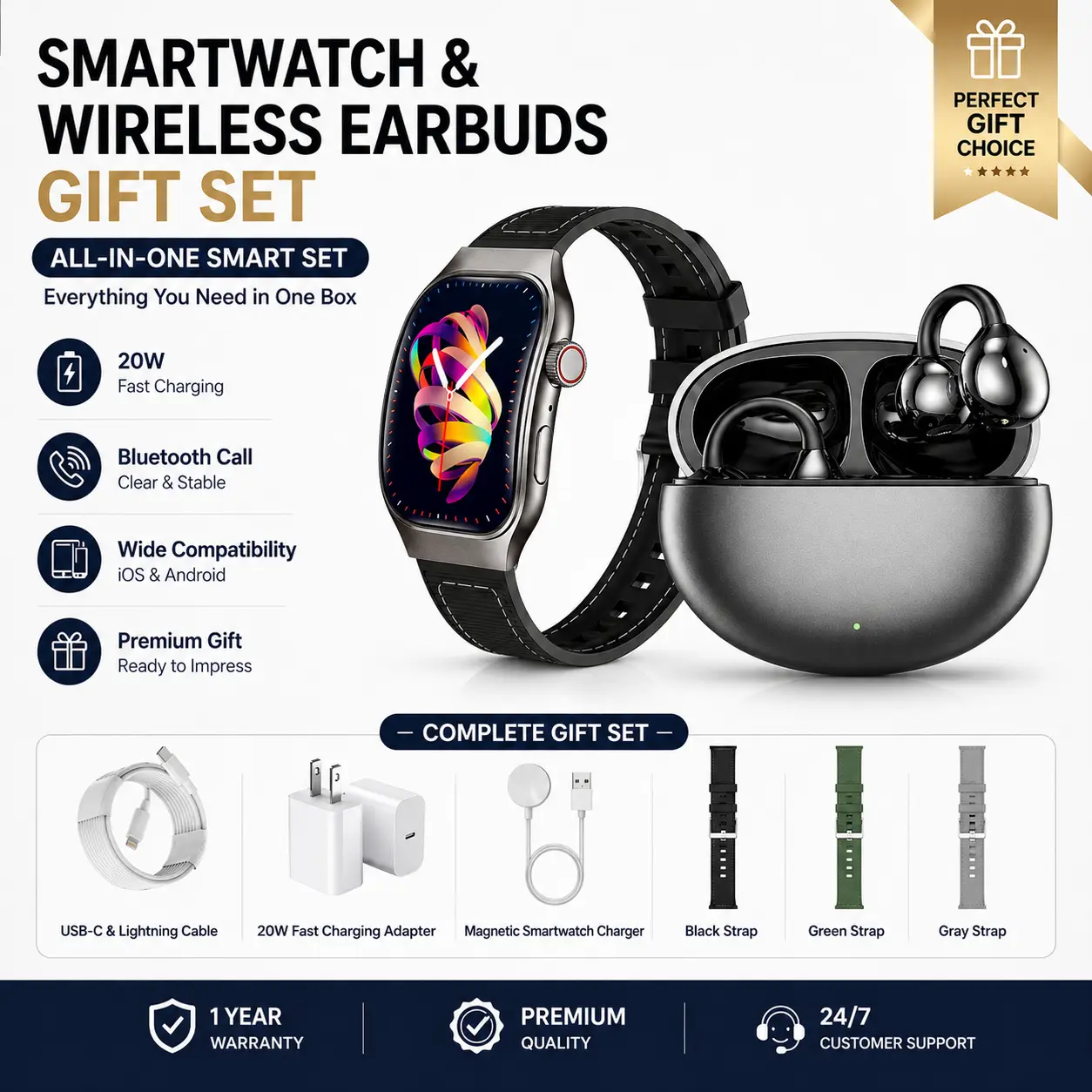 All-in-One Smartwatch Gift Set with Wireless Earbuds, Fast