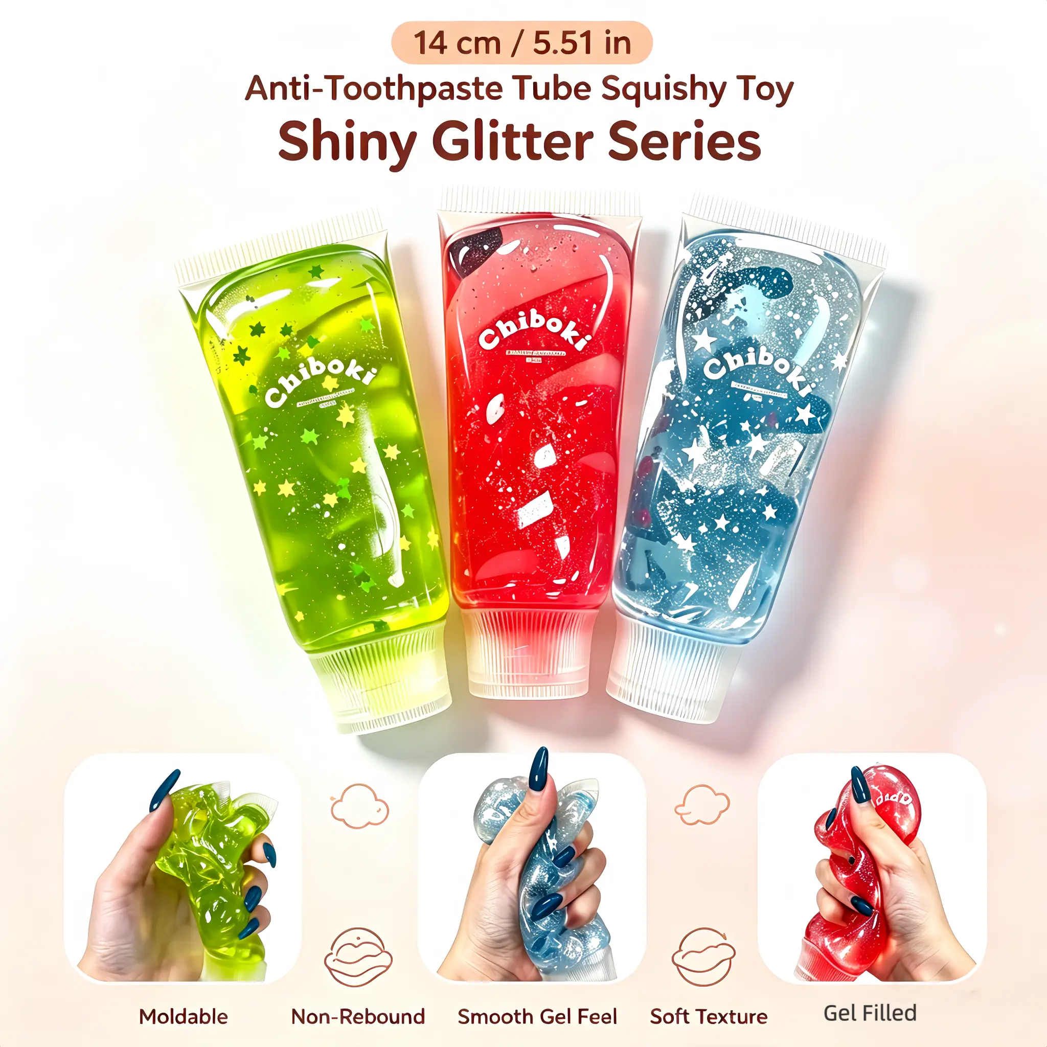 Chiboki New Trending Toothpaste Tube Fidget Squish Toy, Soft Moldable Lubricated Silky Texture, 3 Shimmer Glitter Color Options, Cute Novelty Tactile Play, Fun Sensory Hobby Item for Desktop Leisure, ASMR & Party Favor Gifts
