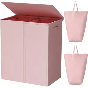 154L Double Laundry Hamper with Lid and Removable Laundry Bags, Large Dirty Clothes Hamper 2 section Collapsible Laundry Basket Dorm Room Storage for Bedroom, Bathroom, College,Pink
