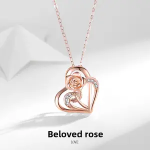 White Gold Double Heart Necklace for Women with Rose Design and Zircon Inlay Heart Rose Pendant