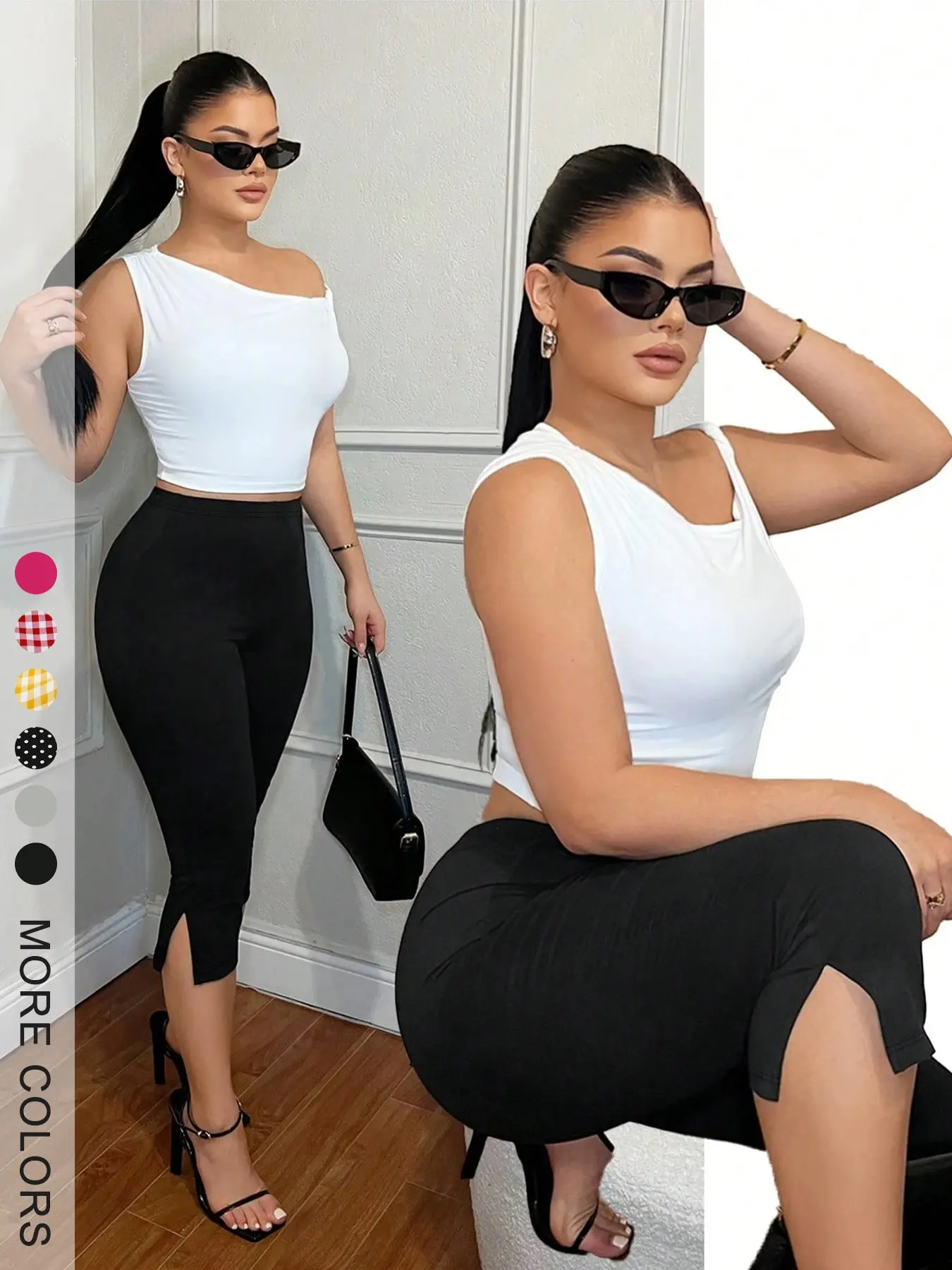 Women's Sexy Split Thigh Seven-Inch Cropped Pants, Elastic Tight Fit, Trendy Chic Spring Summer Fashion, Perfect for Parties, Dates, Urban Style Bottom Pants