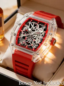 Transparent Barrel Fashion Men's Watch, Flame Color High-End Texture Wristwatch, Street Style Large Dial Watch, Sporty Analog Quartz