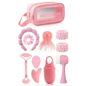 Facial Beauty Massage Tool Set, 1/3/4/8/11pcs Face Massager Scraper Roller Ice Mold Cleansing Brush Sponge Hair Band Wrist Strap Storage Bag, Facial Care Tools