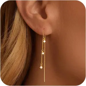 Dangle Earrings for Women 14K Gold Plated Drop Earrings Dainty Long Hanging Chain CZ Pearl Threader Earrings Trendy Silver Plated Jewelry for Women