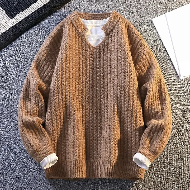 Men's Notch V-Neck Ribbed Knit Pullover, Long Sleeve Thick Textured Sweater, Loose Warm Solid Knit Top for Fall Winter, Casual Streetwear Jumper, Pair with Tees Jeans for Men