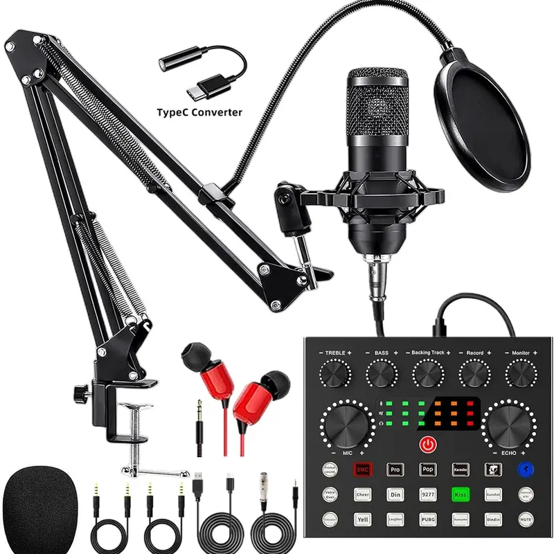 Safring Podcast Equipment Bundle with BM800 Mic DJ Mixer Effects & Voice Changer, Live Sound Card Audio Mixer, Condenser usb Microphone Recording Studio Package for Live Streaming/Gaming/Podcast/Recording/Vocal/Game Voice/YouTube desk clamp  #Summervibes