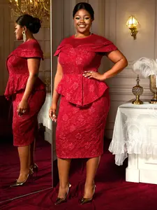 AOMEIDRESS Elegant Bodycon Jacquard Formal Party Dresses Mesh Patchwork Ruffled High Waist Peplum Belly Hide Plus Size Women