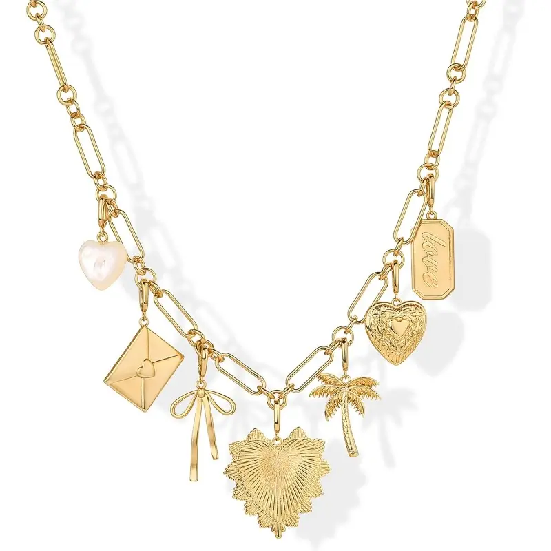 Women's 14K Gold Plated Chunky Charms Necklace Set, Removable Heart Palm Tree Bow Charms, Statement Piece Paperclip Chain, Daily Wear Women Friendship Jewelry Gift