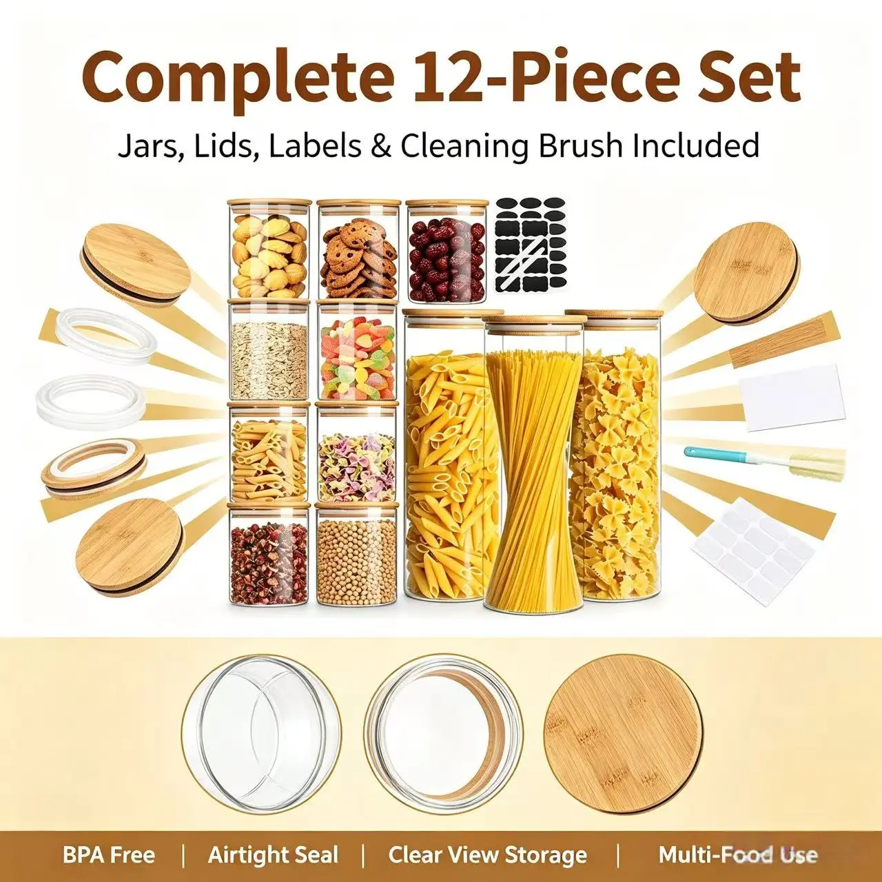 12 Pack Airtight Glass Jars with Bamboo Lids, Clear Food Storage Containers Set with Labels & Brush, BPA Free Pantry Organizer for Pasta Flour Cereal Spices, Kitchen Canisters Storage Set