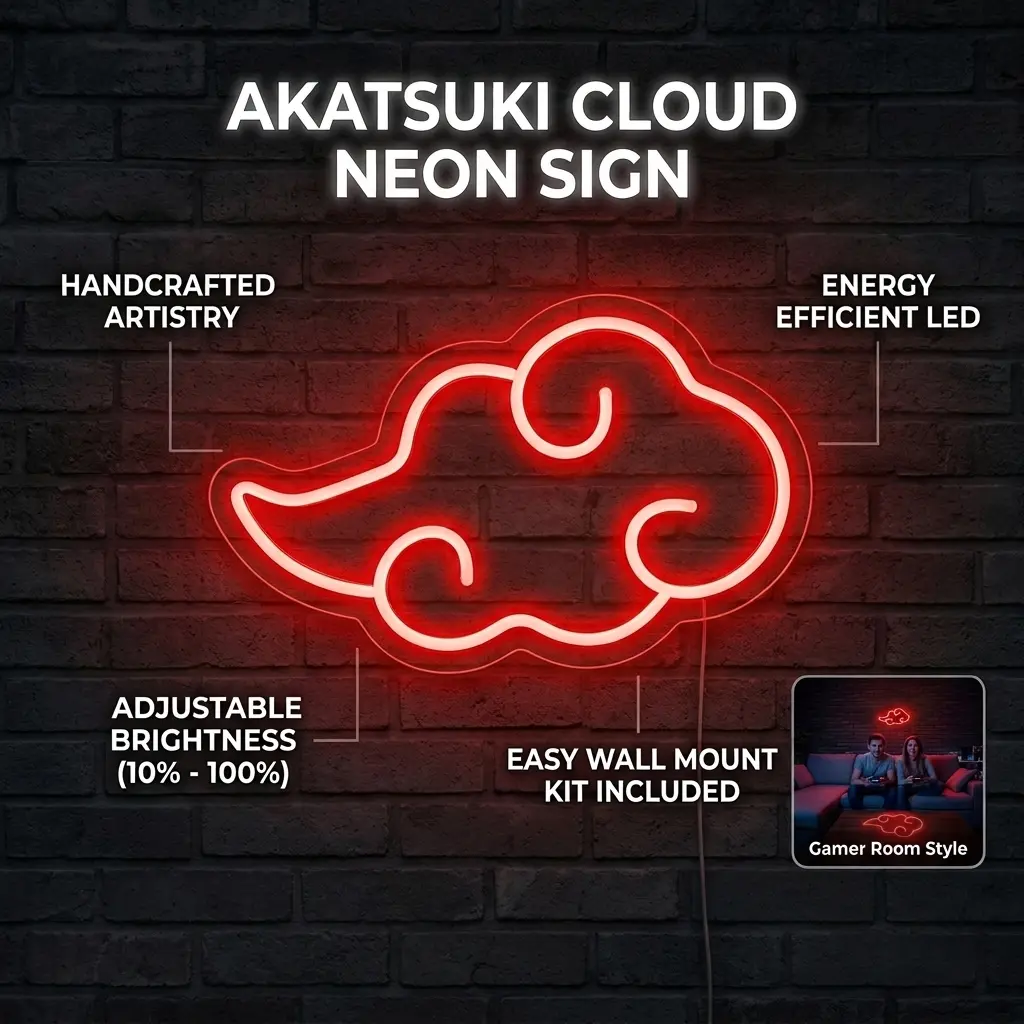 Cloud Anime Neon Sign-Akatsuki LED Neon Light, Game Neon Sign, Easy to Hang and Adjustable Brightness Wall Sign for Bedroom Game Room Party New Year's Gift Holiday Birthday Gift Multi-Speed Adjustable Smart Device
