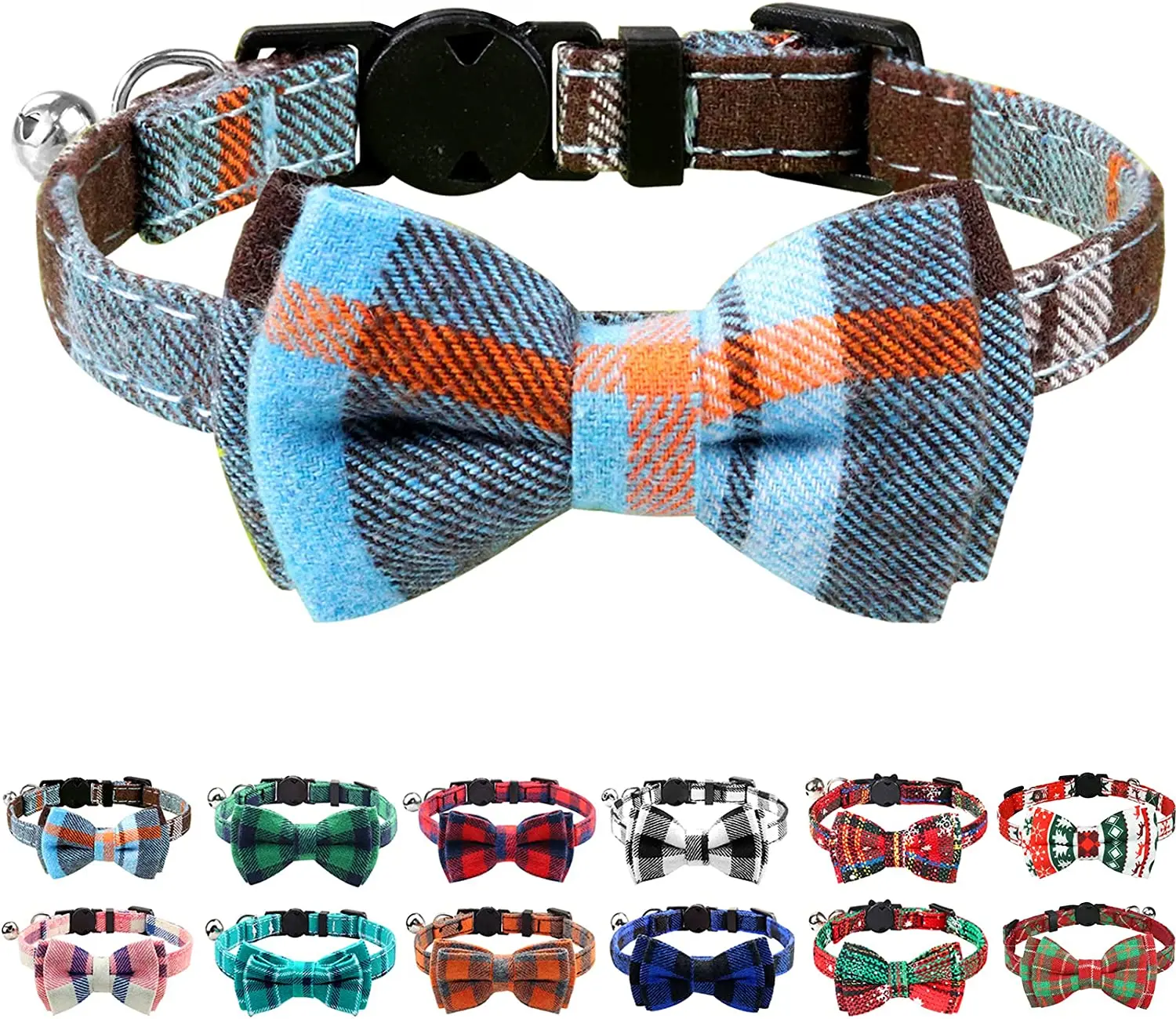 Upgraded Breakaway Cat Collar with Bells and Bow Tie, Safety Plaid Design for Kittens, Haze Blue, 1 Pack for Boys and Girls Joytale