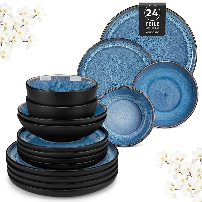 vancasso PLA Plates and Bowls Sets, 16/18/24 Pieces Stoneware Dinnerware Sets Dishes Set Modern kitchen Dishware Sets Service for 4-6 People, Dishwasher and Microwave Safe, Blue, Black, Green Set