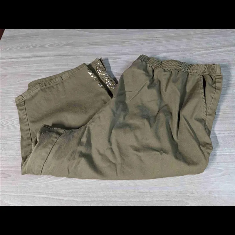 Denim D & Co CapriS Cropped Pants PLus Size 3X XXX Olive Green Pull On Studded