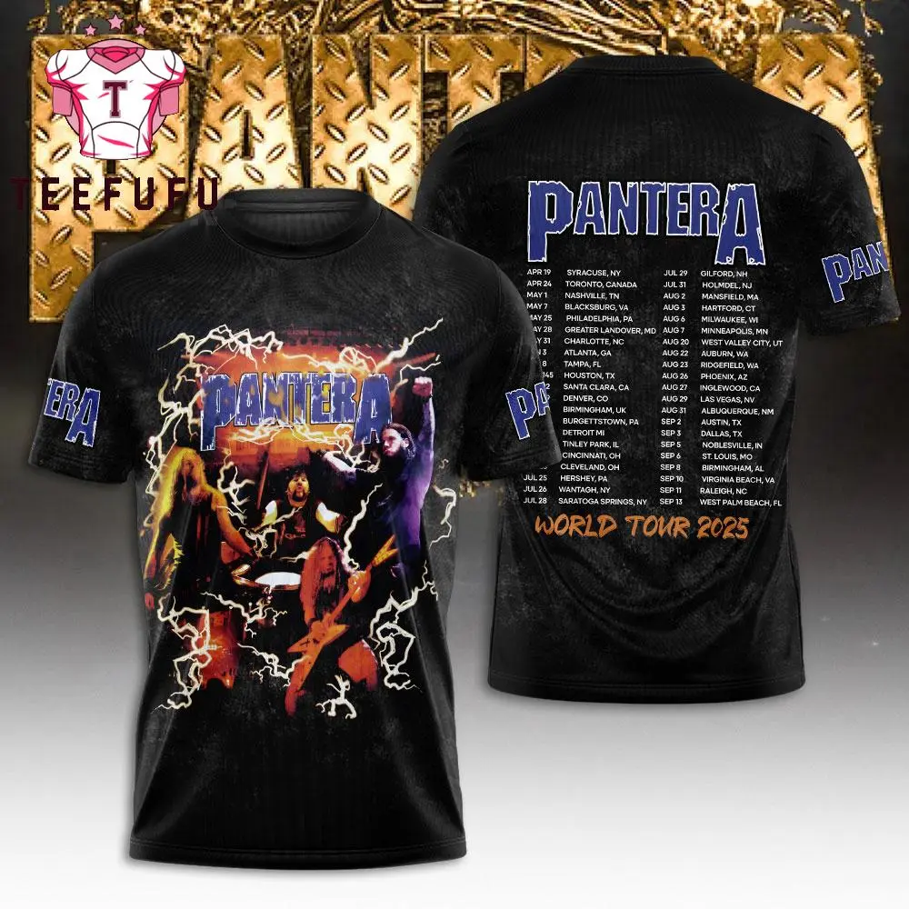 Women's Fitted Shortsleeve Round Neck Cotton T-Shirt - Pantera World Tour 2025 3D Digital Print Top with Decoration, Graphic Print, Basic Wear, Pantera Tour, Fitted Cut