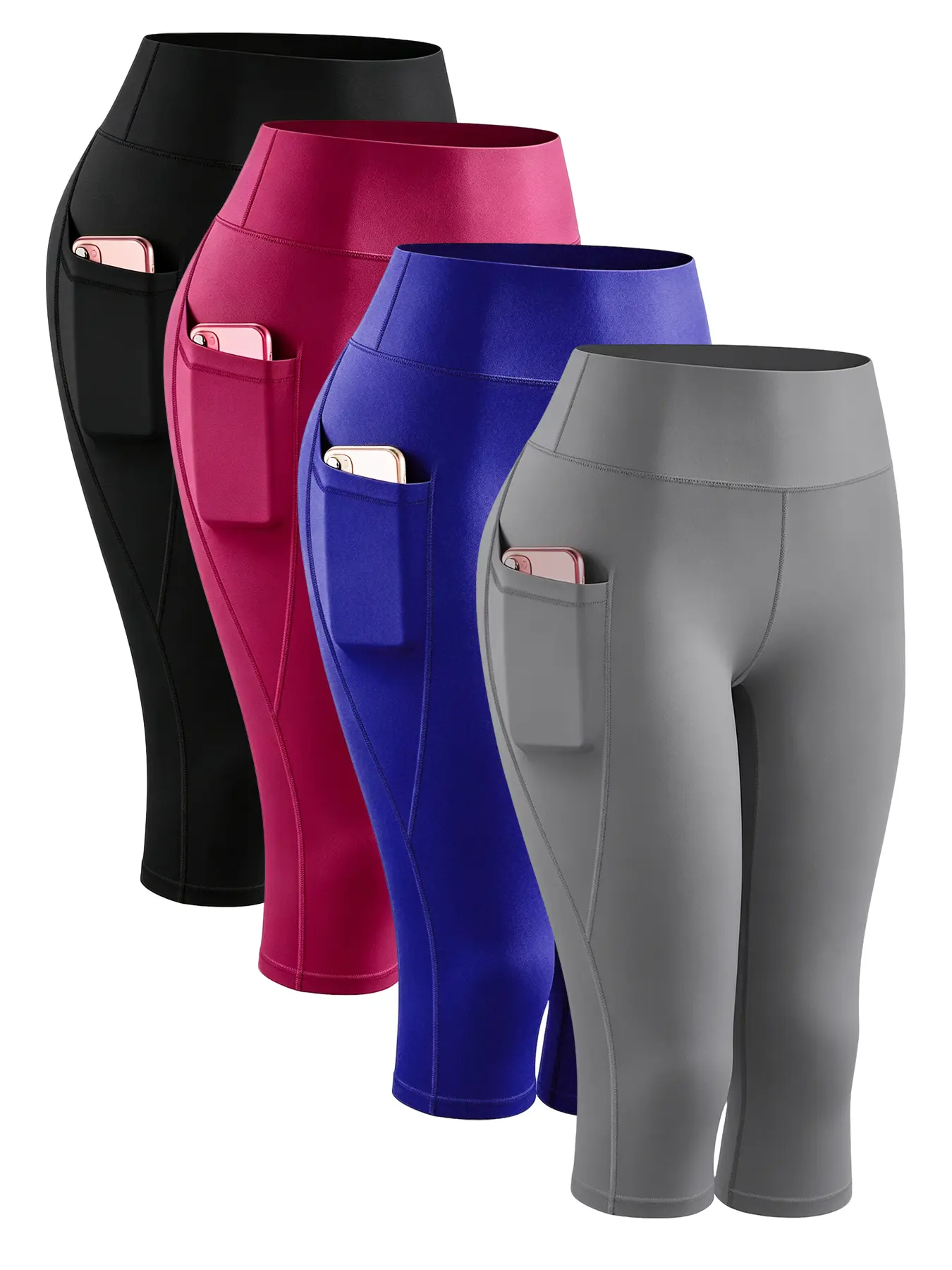 Spring Summer Cooling Lightweight 4 Pack Women Yoga Capri Leggings Tummy Slim Sculpt Body Daily Casual Pilates Capris with Functional Pockets for Mobile Phone