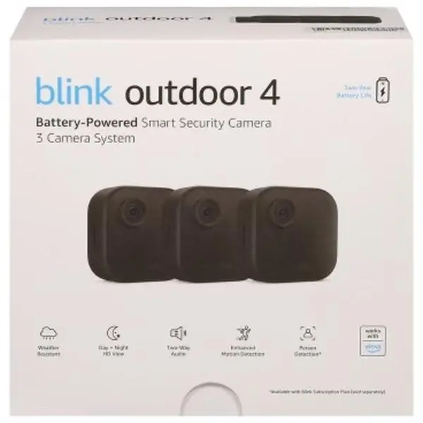 Blink Outdoor 4 (4.ª gen.): cámara de seguridad inteligente HD sin cable, dos años de batería, audio bidireccional, detección de movimiento mejorada, Funciona con Alexa: sistema de 3 cámaras security doorbell