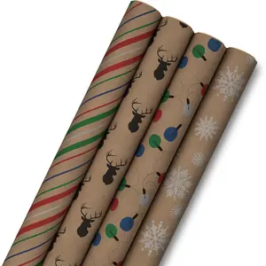Hallmark Recyclable Christmas Wrapping Paper for Kids with Cut Lines on Reverse (4 Rolls: 88 Sq. Ft. Ttl) Kraft Brown with Christmas Lights, Deer, Snowflakes, Red, Green, Blue Stripes (0005JXW1212) Hallmark