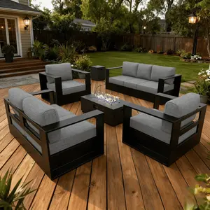 LayinSun Oversized Aluminum Outdoor Furniture Set, Patio Sofa Sets with 42 inchs Fire Pit Table, Deep Seating and Upgraded 6-inch Cushions for Porch, Balcony, Deck