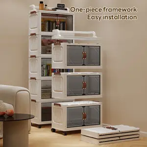 Transparent Magnetic Two-Door Plastic Storage Cabinet, Space-Saving Organizer with Wheels, Durable Design for Dorms & Home Use