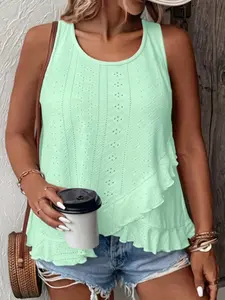 Women's Plus Size Elegant Solid Color Palace Eyelet Embroidery Asymmetric Hem Vest, Stylish and Comfortable Backless Top