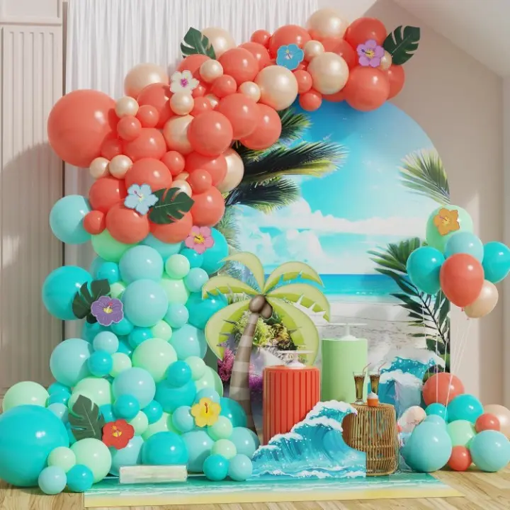 137Pcs Moana Birthday Party Supplies, Moana Balloon Arch Kit With Aqua Blue Coral Latex Balloons And Hibiscus Stickers For Tropical Hawaii Luau Theme Party Decorations